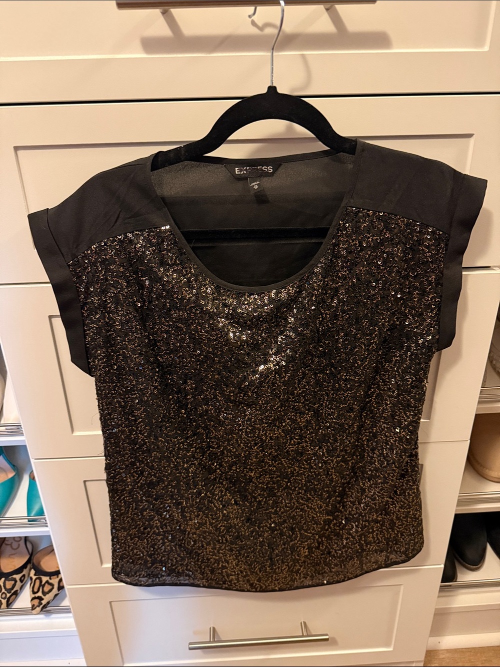 Express Women's Black Sequin Scoop Neck Top with Satin Shoulders